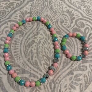 Pink, Green, Blue, and Silver Beaded Necklace & Bracelet Set 🩷💚🩵